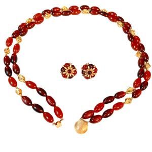 Vintage Faux Tigers Eye Faux Coral Gold Tone ClipOn Earrings and Necklace